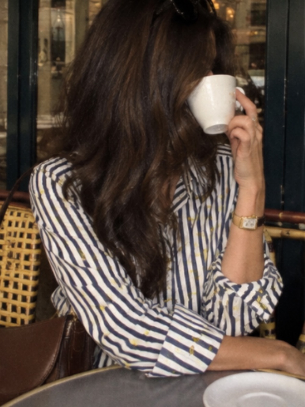 XS Banana Republic white and navy blue striped button up with mini bananas